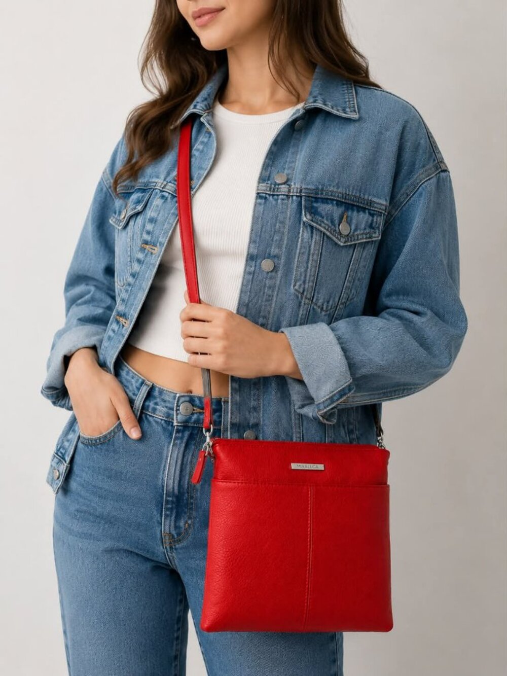 MIA & LUCA Red Genuine Leather Crossbody Shoulder Organizer Bag 2010s